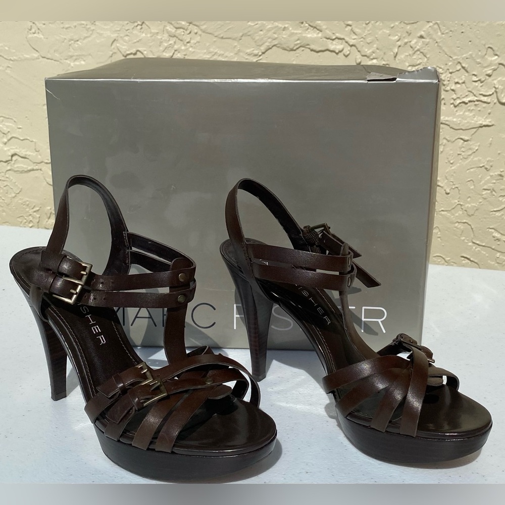 Marc Fisher “Virella” brown leather, strappy leather heels; 4 1/2 in heel, sz 8